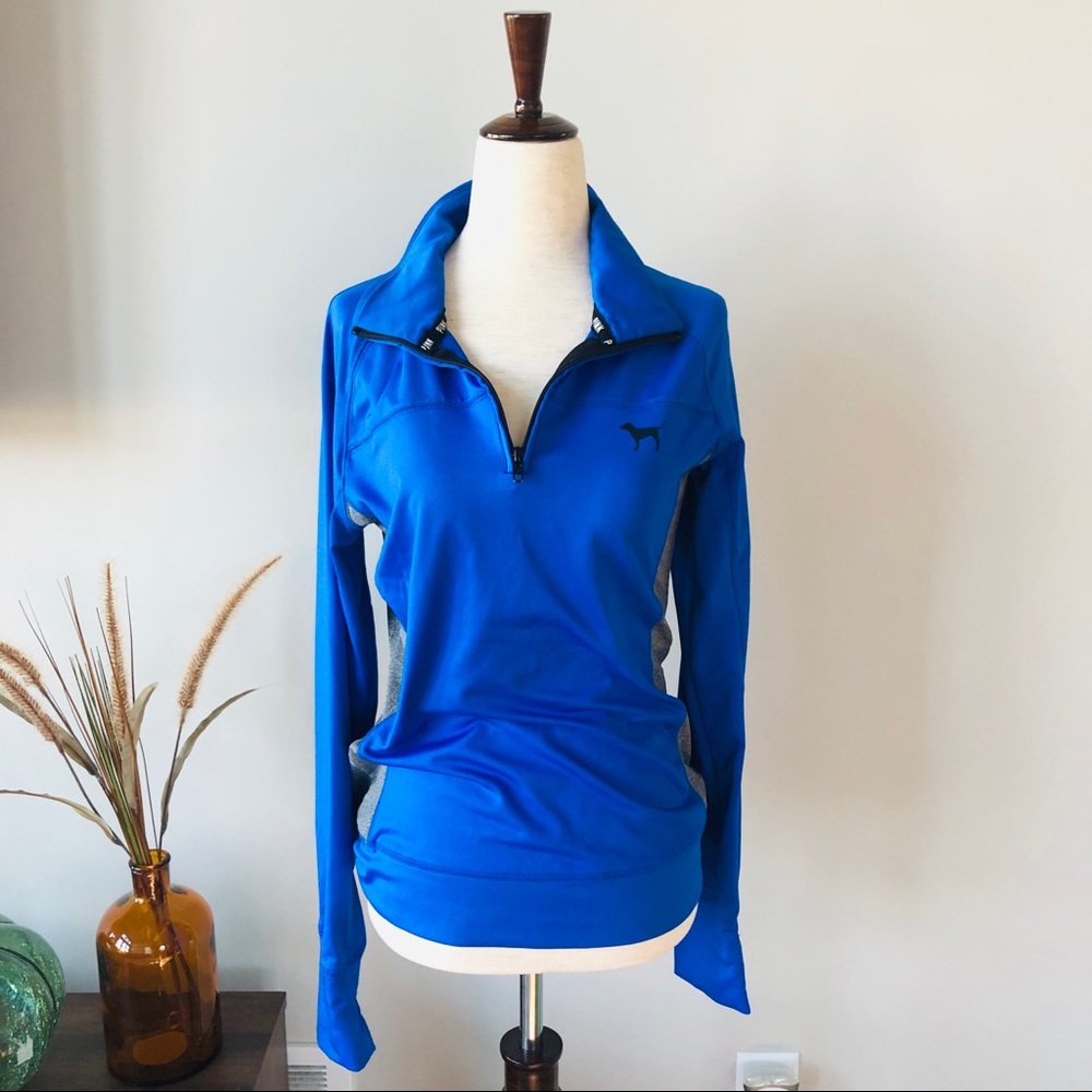 PINK Victoria's Secret Blue Quarter-Zip Pullover with Gray Panels